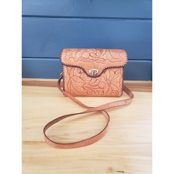 70s Leather Hand Tooled Bag - Picture 1 of 6